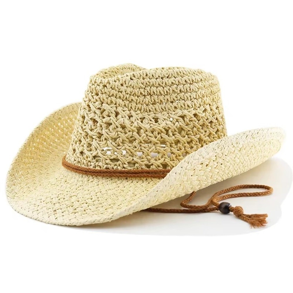 Cowboy Hat Straw - Retro-Sonnenhut mit breiter Krempe, Ethno-Stil, einfarbig,