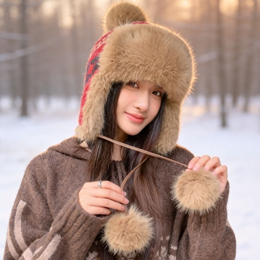 Winter Trapper Hat - Stilvolle Polyester-Strickmütze mit Pompons, 55-58 cm