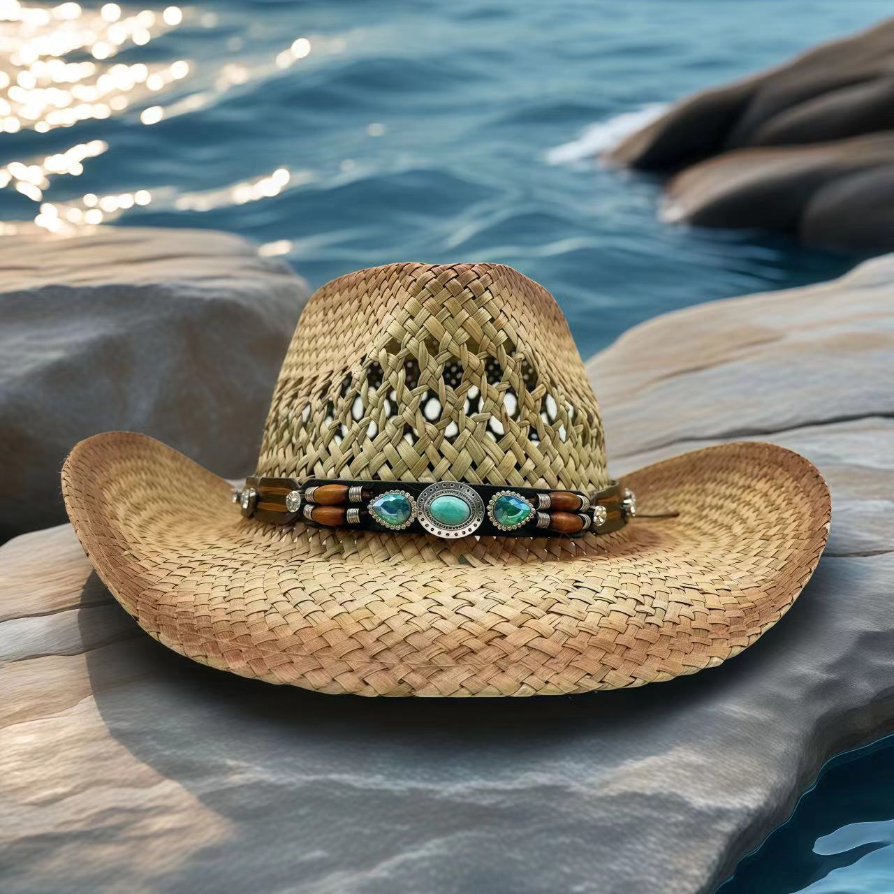 Cowboy Hat Straw - Strass-Cowboyhut Stroh-Sonnenhut für Damen und Herren